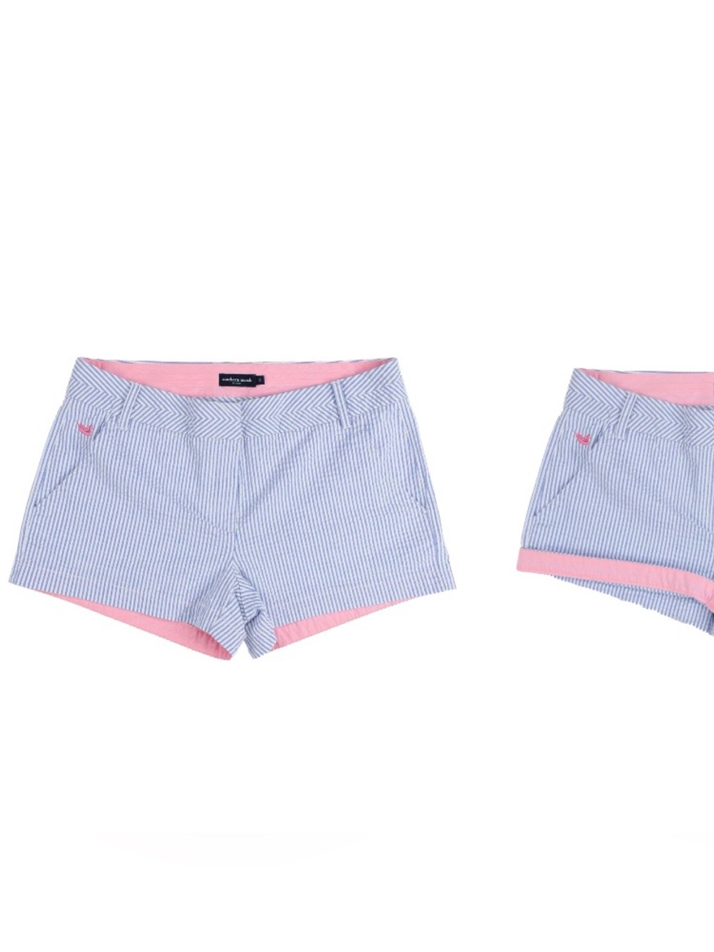 Southern Marsh Blue and White Striped Seersucker Shorts with Pink Trim